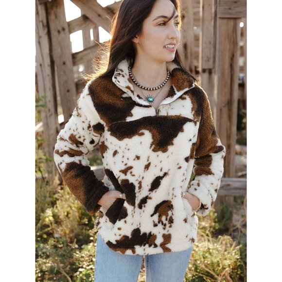 Jackets & Coats Cow Print Western Jacket Faux Fur Coat Brown Zip